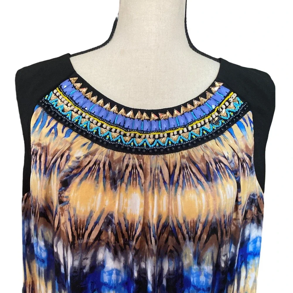 Embellished  Bejeweled  Neck‎ Maxi Dress Sleeveless Blue Brown women 14W